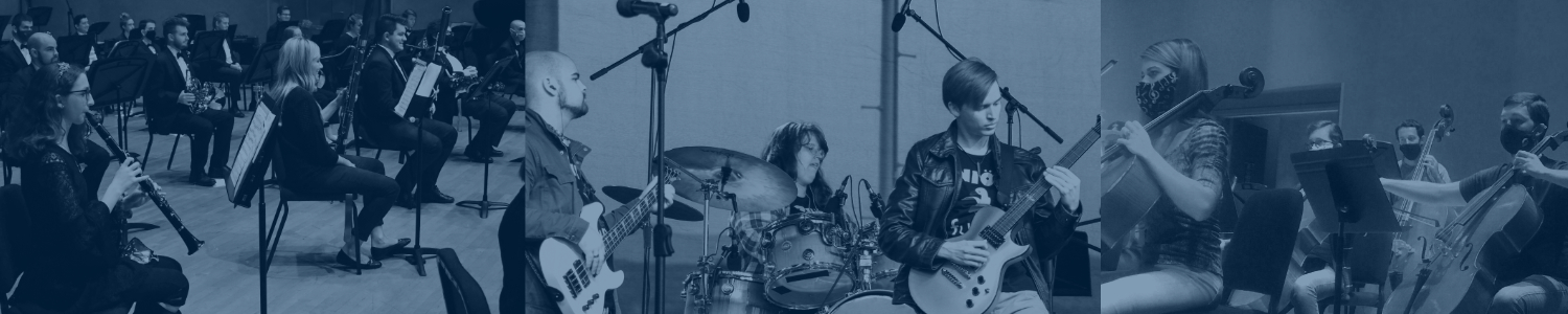  A composite image, tinted blue, shows three separate groups of musicians. On the left, an orchestra is seated in rows, holding various instruments. In the center, a rock band plays with a guitarist, drummer, and bassist visible. On the right, students play string instruments in a practice setting.