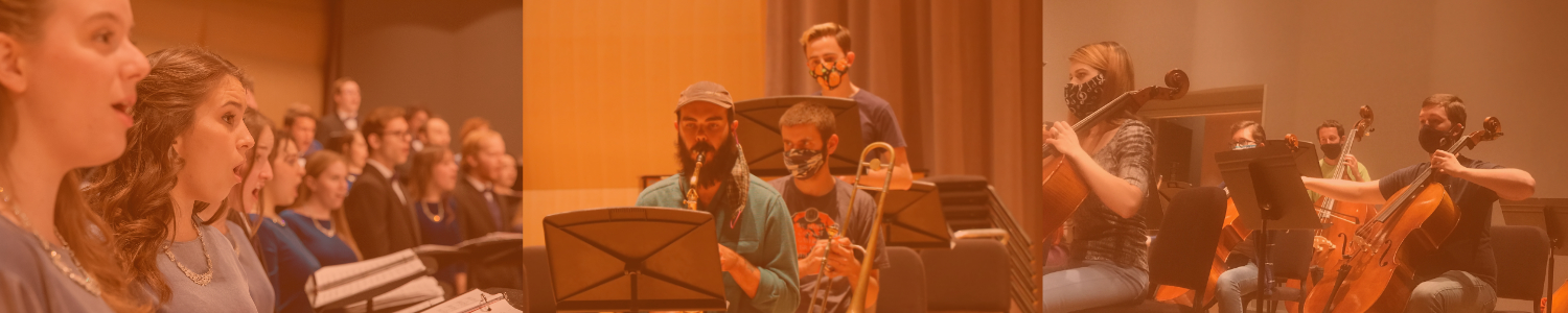  A composite image, tinted orange, shows three different musical groups. On the left, a choir is visible, with several people singing, their faces turned toward the camera. In the center, a jazz ensemble is shown, featuring a man playing the saxophone and another playing the trombone. On the right, students are playing string instruments, including a cello. Some of the musicians are wearing masks.